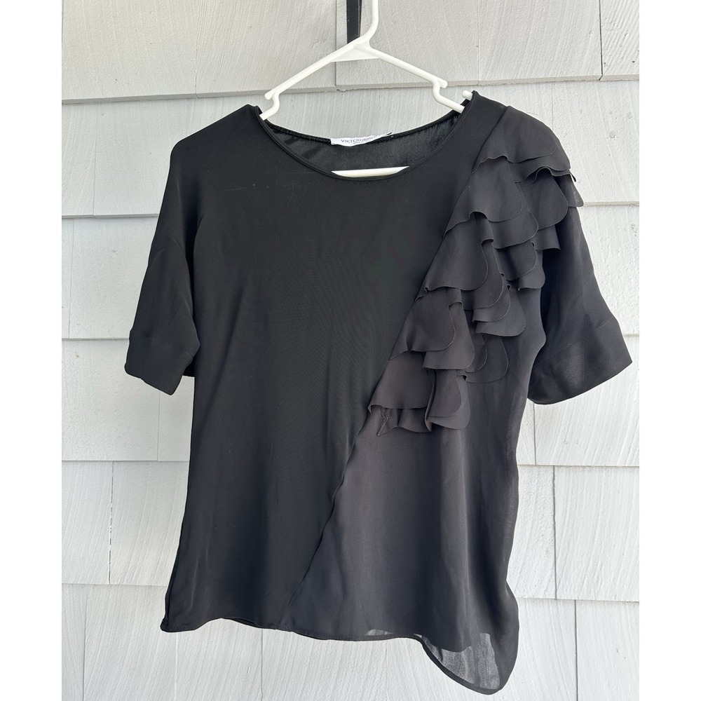 Viktor & Rolf Black Ruffle Silk Top Made in Italy Sz S 4-6 Shortsleeve Blouse
